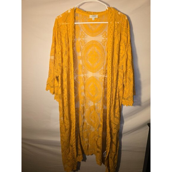 Umgee Mustard Yellow Fall Colors Long Duster Lace Cardigan Womens Size Large L - Picture 1 of 3